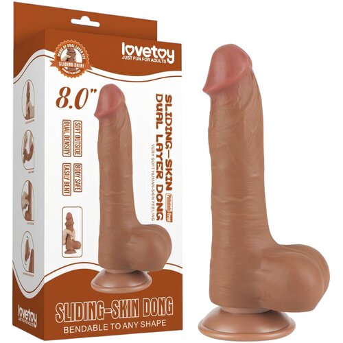 Lovetoy Sliding-Skin - dvoplastni dildo s testisi - 20,8 cm (temno naraven) Cene