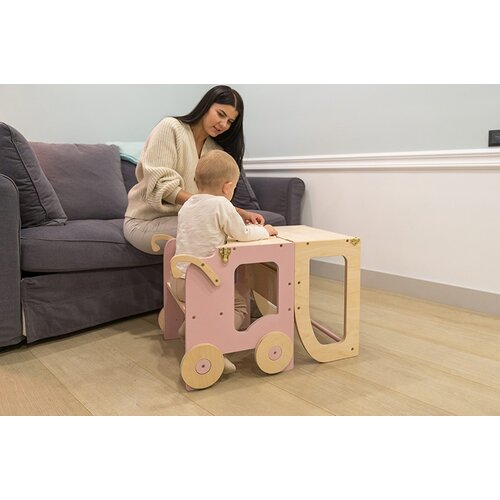 ToddlerInFamily 2v1 MONTESSORI STOLEK POMAGALEK-MOTIV VOZIEK (VE BARV)-Natur/Roza Slike