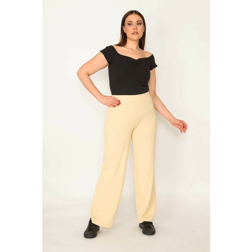 Şans Women's Plus Size Yellow Striped Elastic Waist Trousers Slike