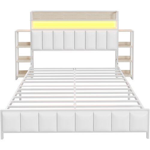 Lumor Postelja 140x200 cm iz umetnega usnja &amp;ndash; z LED in policami &amp;ndash; bela, (22151558) Slike