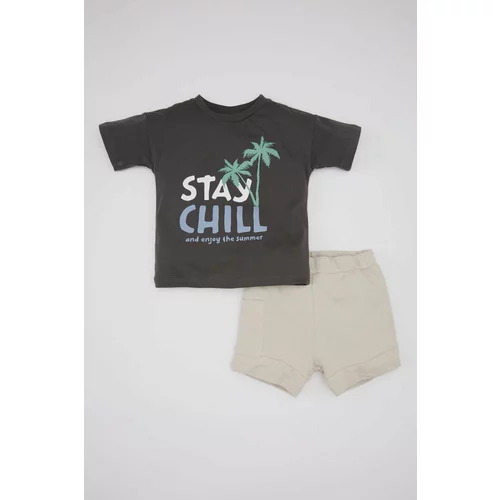 Defacto Baby Boy Slogan Printed Cotton T-Shirt Shorts 2 Piece Set