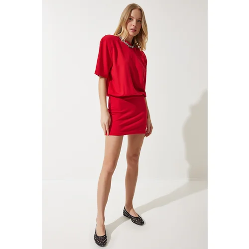  Women's Red Waisted Lycra Knitted Dress