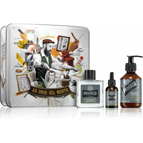 Proraso cypress & vetyver beard wash darilni set šampon za brado 200 ml + balzam za brado 100 ml + olje za brado 30 ml + škatlica za moške