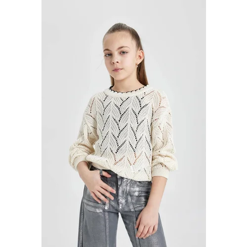 Defacto Girl's Crew Neck Openwork Sweater