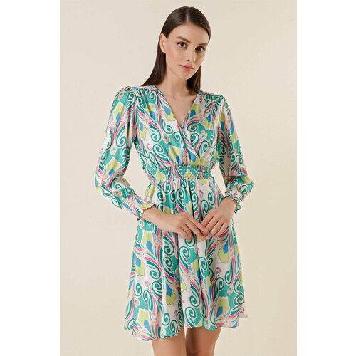 By Saygı Double-breasted Collar Lined Mixed Patterned Satin Dress Green Slike
