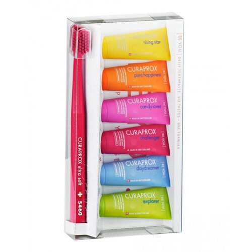 Curaprox Be You Gentle Everyday Whitening Toothpaste Combipack darilni set zobna pasta Be You Grapefruit Bergamot 10 ml + zobna pasta Be You Peach Apricot 10 ml + zobna pasta Be You Watermelon 10 ml + zobna pasta Be You Gin Tonic Persimmon 10 ml + zobna pasta Be You Blackberry Licorice 10 ml + zobna pasta Be You Apple Aloe 10 ml Slike