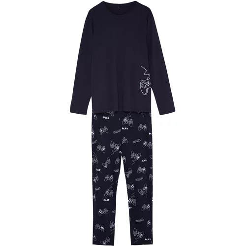 Trendyol Men's Navy Regular Fit Printed Knitted Pajamas Set