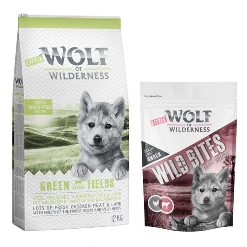 12 kg suhe hrane Wolf of Wilderness + Snack gratis! - Junior "Green Fields" jagnjetina - brez žit + Leafy Willows - teletina & pi&scaron;čanec Cijene