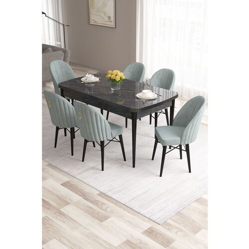 Hanah home Roz - Black Marble, Sea Green Black MarbleSea Green Extendable Dining Table & Chairs Set (7 Pieces) Cene