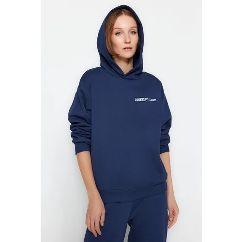 Trendyol Navy Blue More Sustainable Thick Fleece Inside Regular Hoodie, Printed Knitted Sweatshirt