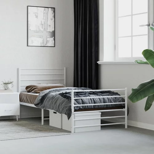 vidaXL Kovinski posteljni okvir z vzglavjem in vznožjem bel 107x203 cm