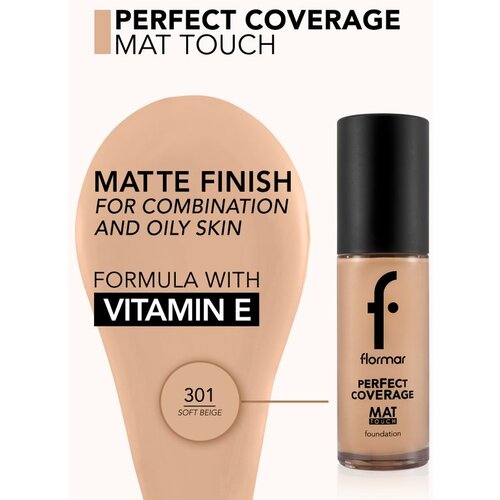 Flormar Perfect Coverage Mat Touch Foundation matirajući puder za mje&amp;scaron;ovitu i masnu kožu nijansa 301 Soft Beige 30 ml Slike