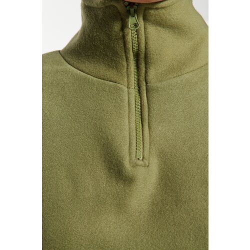 Trendyol Khaki Parachute Detail Polo Collar Zippered Stopper Fleece Crop Knitted Sweatshirt Slike