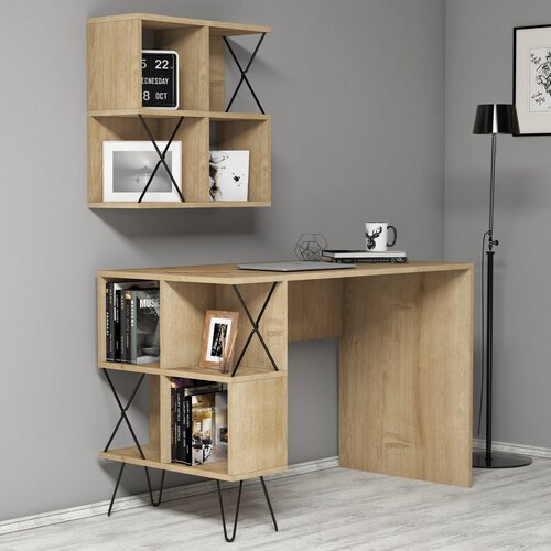 HANAH HOME Extra 2 - Oak OakBlack Study Desk Cene