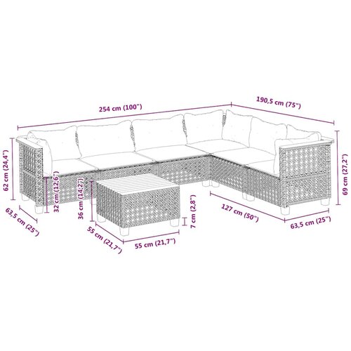  7-dijelni set vrtnih sofa od poliratana s jastucima bež 254 x 190.5 x 69 cm Slike