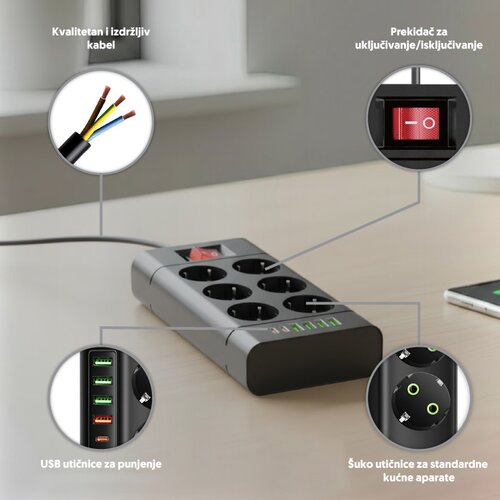  Razvodnik sa 6 mesta 2m 1.5mm2+pr. 4xUSB+2xtip C Slike