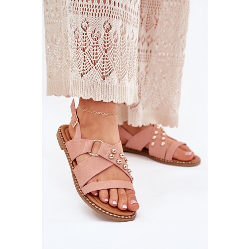 Boto Women's Flat Heel Sandals With Golden Studs Pink Zanira Cene
