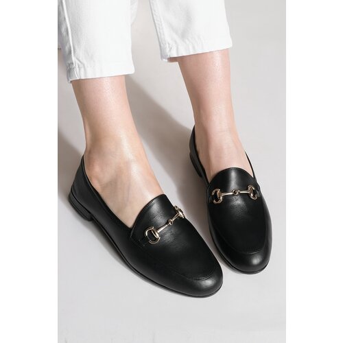 Marjin Women's Genuine Leather Chain Loafers Casual Shoes Tanle Black Slike