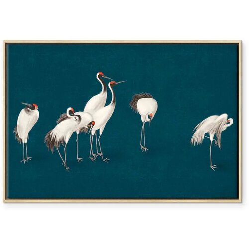  Slika - Evening by the pond - a group of cranes drawn in dry pastel on a dark turquoise background 60x40 U prirodnom drvenom okv Cene