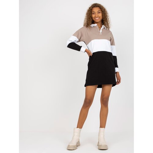 Fashion Hunters Beige and black simple basic dress made of RUE PARIS cotton Slike
