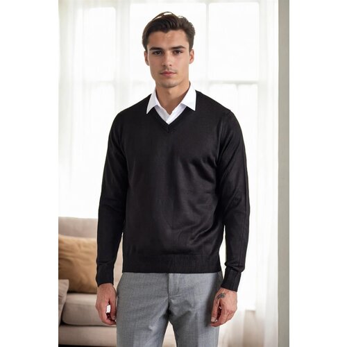 Dewberry 38804 Mens V Neck Knit Sweater-BLACK Slike