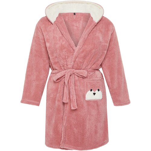 Trendyol Curve Powder Animal Figured Pocket Hooded Wellsoft Knitted Dressing Gown Slike