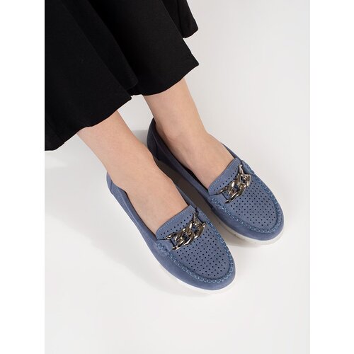 GOODIN Leather blue loafers with a chain on the platform Cene