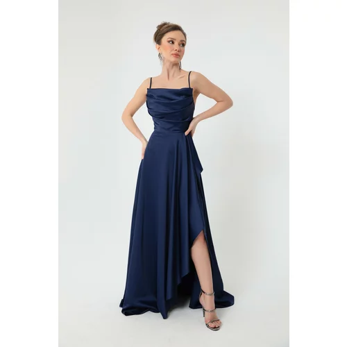 Lafaba Women's Navy Blue Evening Dress with Ruffles and a Slit Satin Evening Dress.