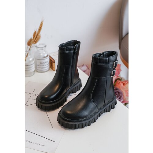 Boto Children's Leather Boots with Buckles Black Chloraia Cene