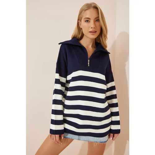 Happiness İstanbul Women's White Navy Blue Zipper Stand Up Collar Striped Oversize Knitwear Sweater