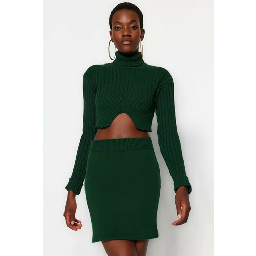 Trendyol Emerald Green Super Crop Turtleneck Skirted Sweater Top-Top Set