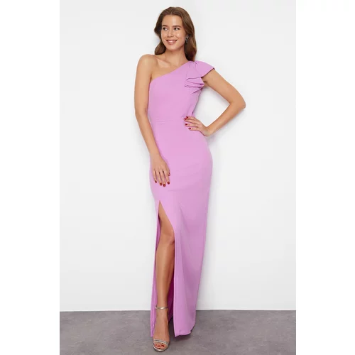 Trendyol Pink Fitted Flounce Detailed Single Sleeve Woven Long Evening Dress