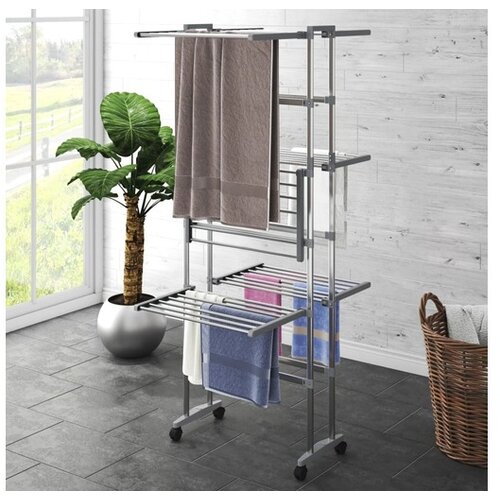 VidaXL 3-nadstropno stojalo za perilo s kolesi srebrno 60x70x129 cm Slike