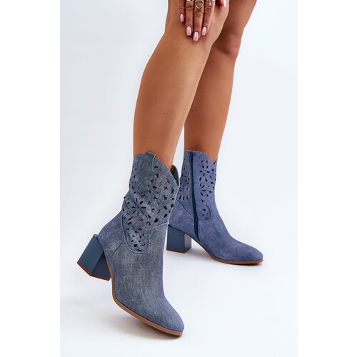 Kesi Blue Irvelame denim ankle boots with an openwork upper on the block Slike