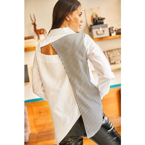 Olalook Women's Black and White Sambre Oversize Shirt with Cut Out Detail on the Back Slike