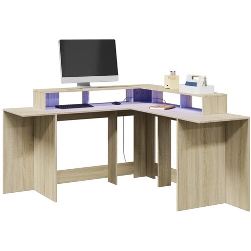 vidaXL Pisalna miza z LED lučkami sonoma hrast 152x152x91 cm inž. les Cene