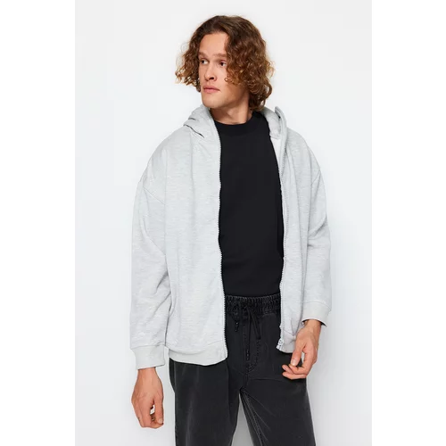 Trendyol Gray Melange Men's Oversized Zippered Special Collar Hooded Cotton Men's Sweatshirt.