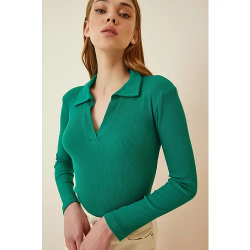 Happiness İstanbul Women's Vibrant Green Polo Neck Corduroy Knitted Blouse