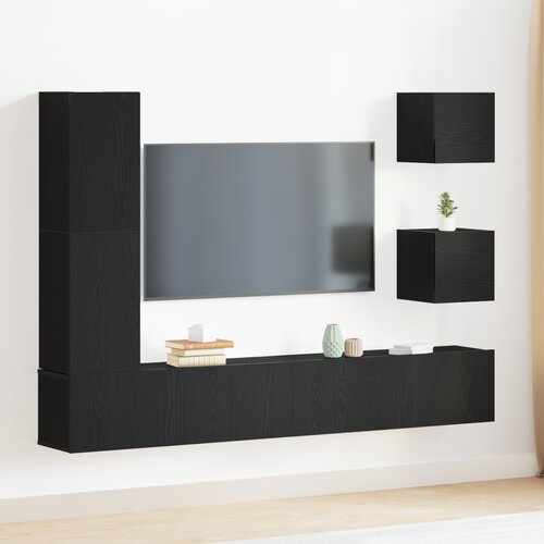 vidaXL 6 delni set TV omar črn hrast inženirski les, stenske TV omare 2 kosa črn hrast 30.5x30x30 cm, TV omara črn hrast 30.5x30x110 cm inženirski les, črna hrast stenska TV omara 100x30x30 cm narejeno iz inženirskega lesa Cene