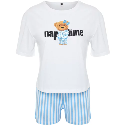 Trendyol White-Multicolor 100% Cotton Striped Knitted Pajamas Set