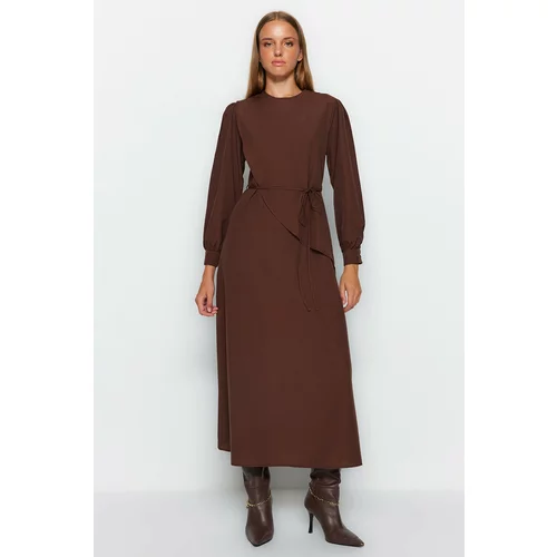 Trendyol Brown Belted Front Split Cotton Woven Dress