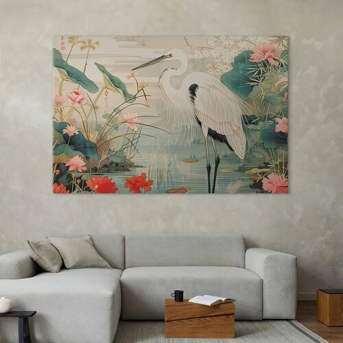  XXL slika - By an Asian pond - an illustration in the style of a Japanese engraving depicting a heron 200x133 Slike