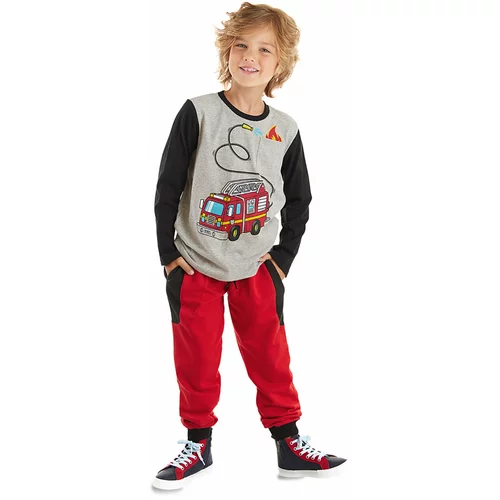 Denokids Firefighter Boys Gray T-shirt and Red Pants Suit