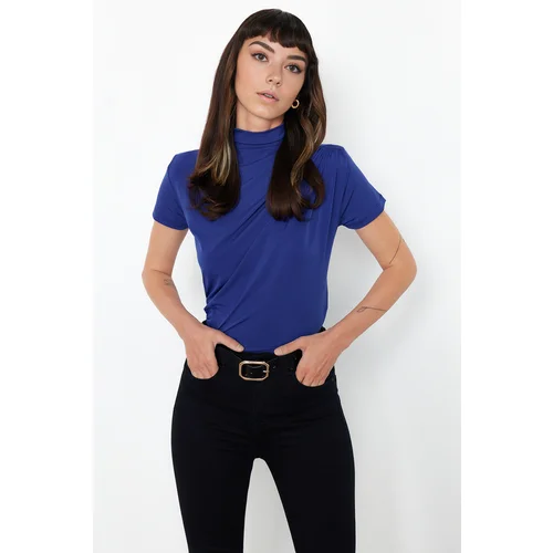 Trendyol Saks Gather/Drape Detailed Fitted/Fitted Short Sleeve Stand Collar Stretch Knitted Blouse