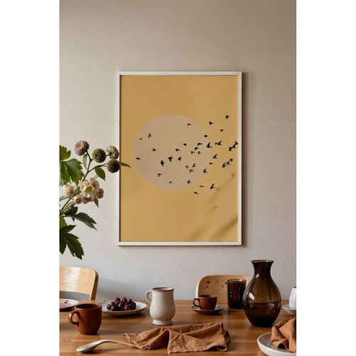 Wallxpert uramljena slika 115224, jato ptica ispred svetlog sunca na oker pozadini, 50 x 70 cm, beli ram Slike