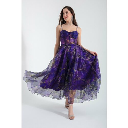 Lafaba Women's Purple Design Organza Evening Dress Slike