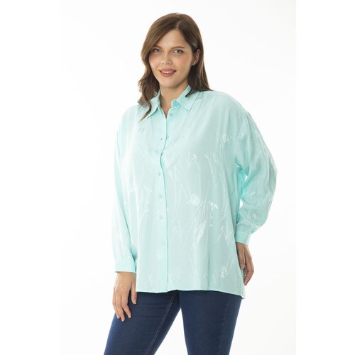 Şans Women's Plus Size Cyan Green Satin Fabric Self Patterned Long Sleeve Shirt Slike