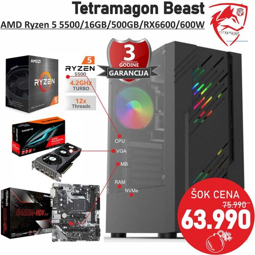 TETRAMAGON series Računar Tetramagon Beast AMD Ryzen 5 5500/16GB/SSD 500GB/RX 6600 8GB/600W Cene