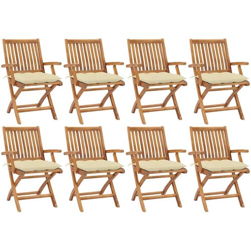  Sklopive stolice s jastucima 8 kom. Masivno tikovino drvo Bijela Slike