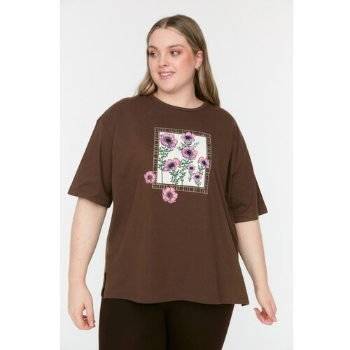 Trendyol Curve Brown Printed Knitted T-Shirt Slike